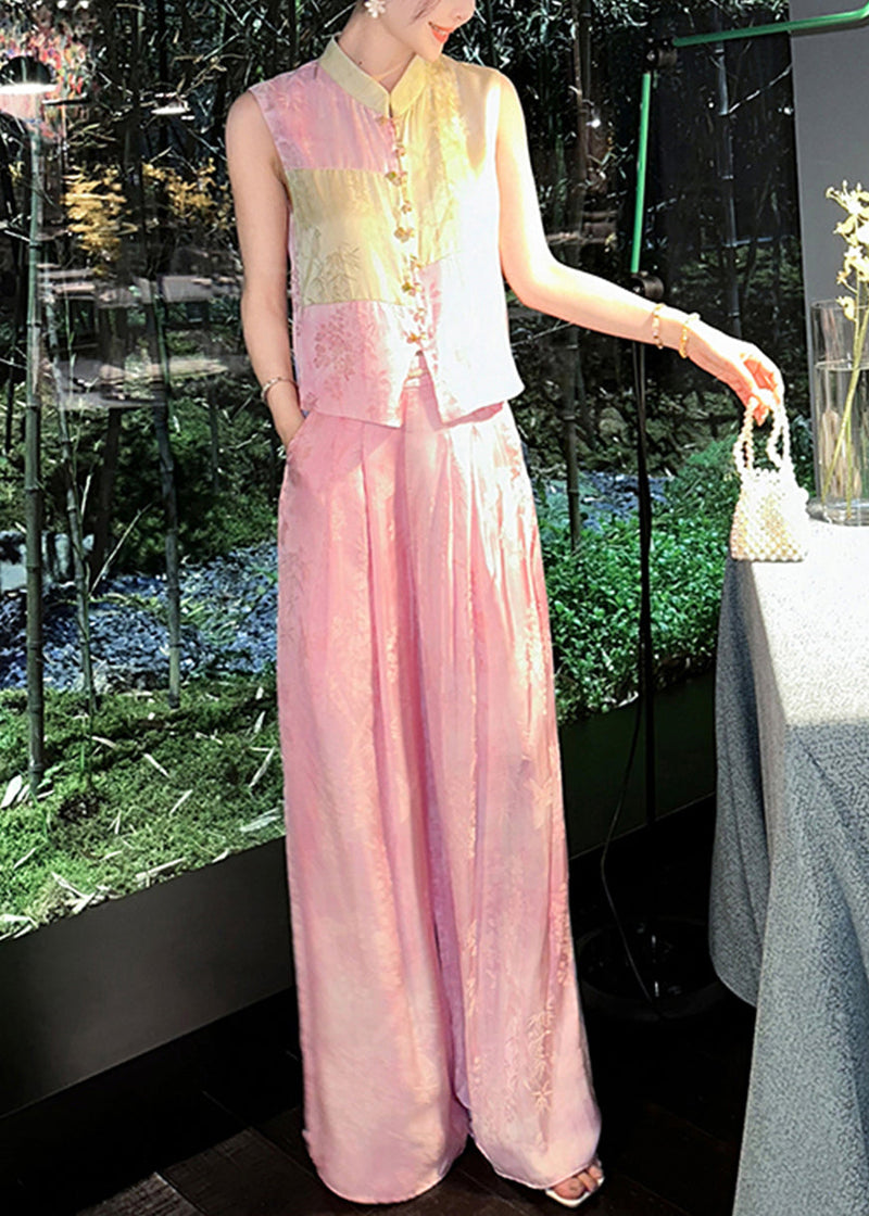 French Pink Button Waistcoat and Wide Leg Pants Silk Two Piece Set Sleeveless