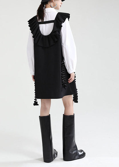 Black U Neck Patchwork Ruffles Fall Dress Sleeveless