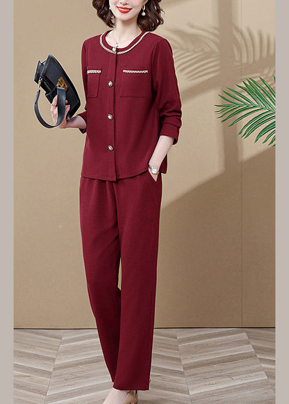 Wine Red O-neck Butto Cardigans and Wide Leg Pants Two Pieces Set Long Sleeve