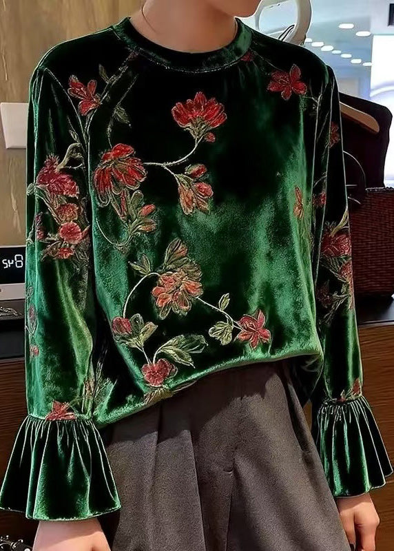 Green O Neck Print Patchwork Velour Blouses Spring