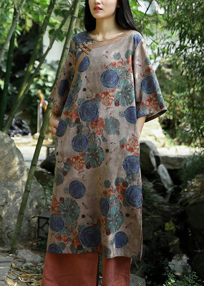 Khaki Print Pockets Patchwork Cotton Dress Half Sleeve