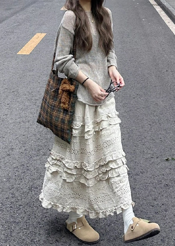 New Grey Knit Tops and Beige Ruffled Skirts Two Piece Set Spring