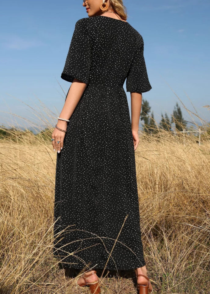 Black V Neck Print High Waist Cotton Long Dress Half Sleeve