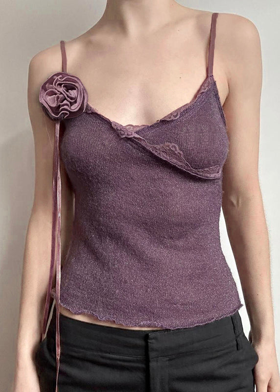 Slim Fit Purple Lace Knitting Cotton Spaghetti Strap Vest Sleeveless