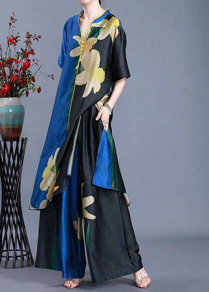 Blue Side Open V Neck Patchwork Chiffon Two Pieces Set Summer