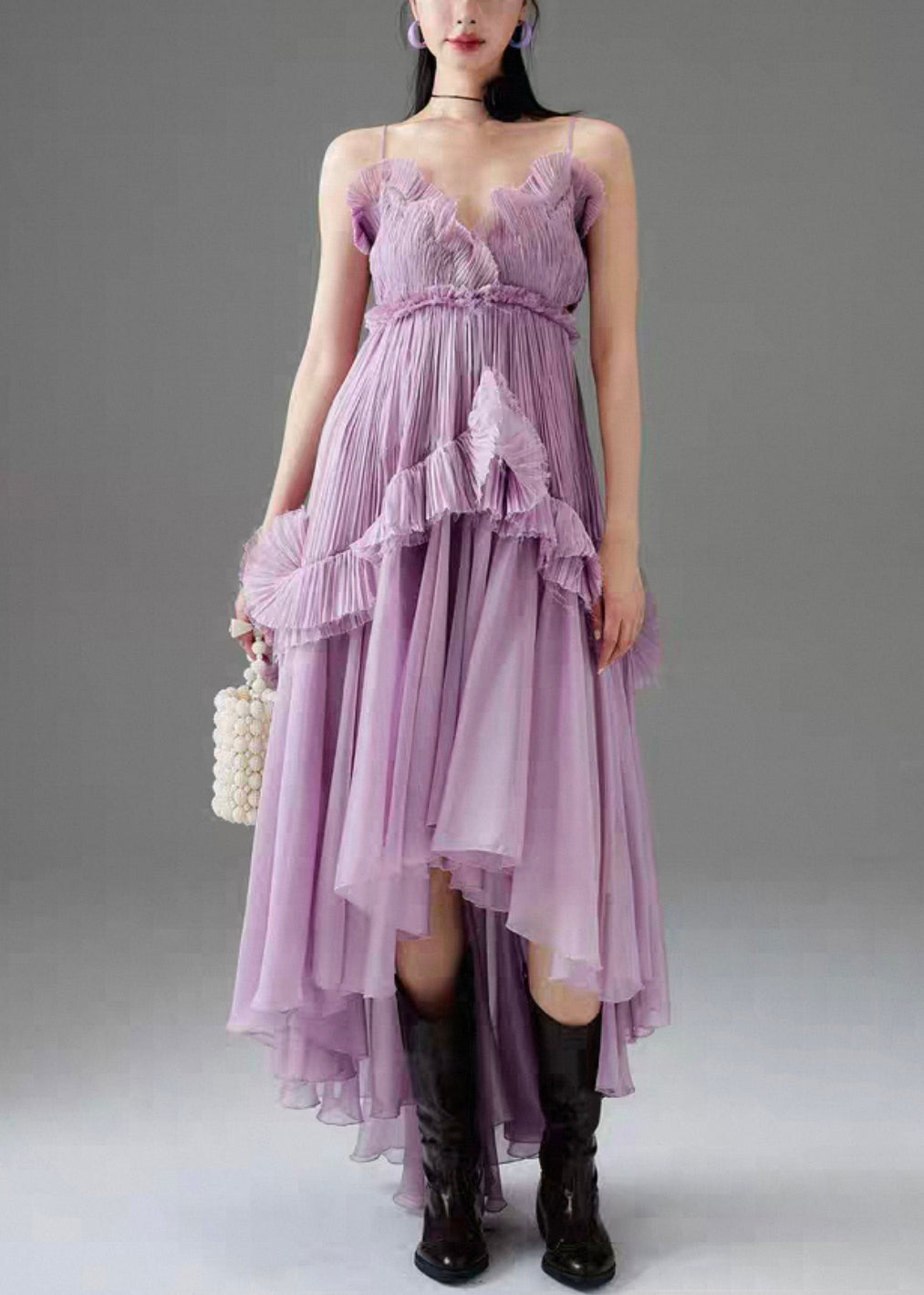 Purple Ruffled Low High Design Chiffon Spaghetti Strap Dress Sleeveless