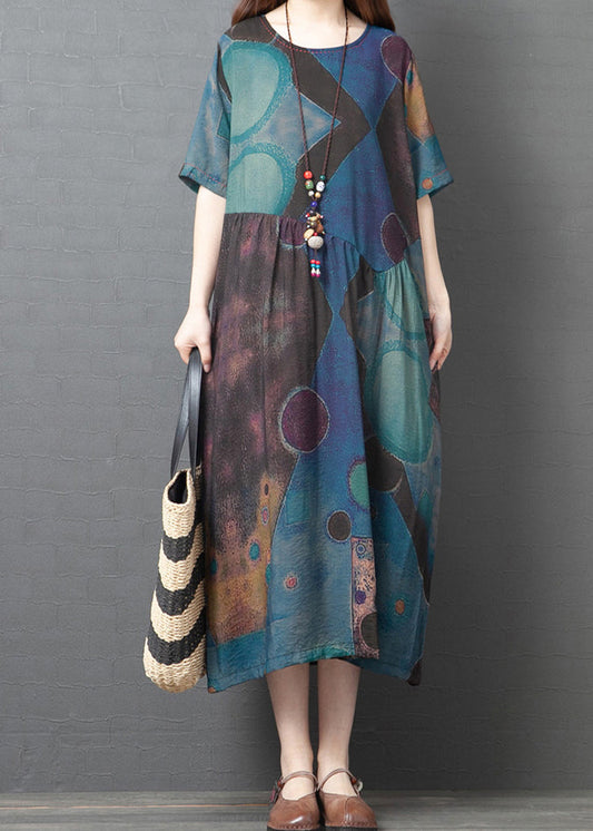 Blue Cotton Long Dresses Asymmetrical Design Short Sleeve