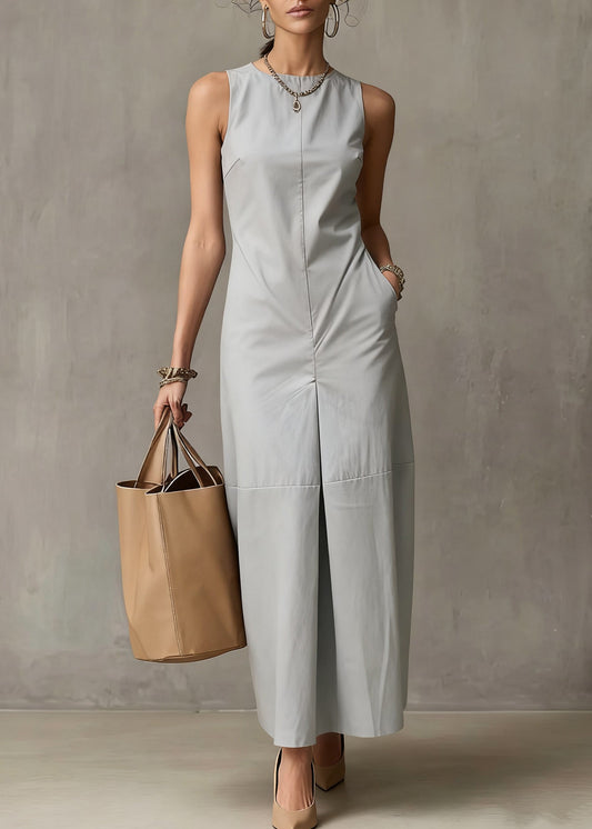 Simple Light Blue Pockets Cotton Long Dresses Sleeveless