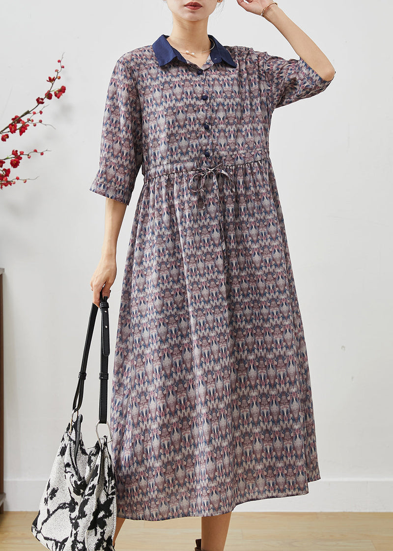 Cinched Print Cotton Long Dress Half Sleeve