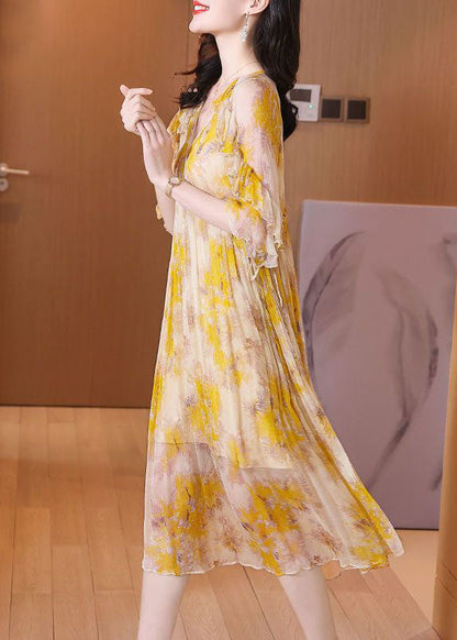 Unique Yellow Ruffled Print Chiffon Beach Dresses Summer