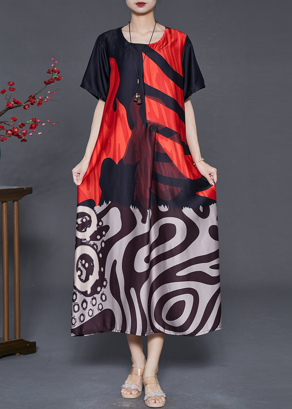 Red Oversized Print Silk Holiday Dress Summer
