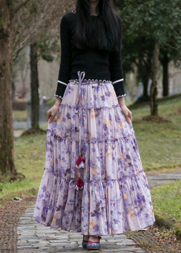 Purple Wrinkled Print Patchwork Cotton Skirts Summer