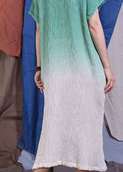 Handmade Green Embroideried Gradient Color Dresses Short Sleeve