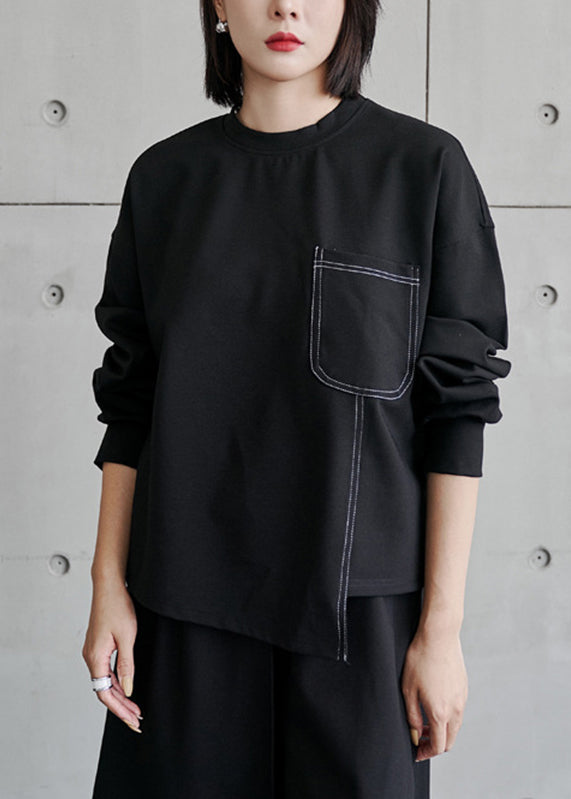 Black O-neck Asymmetrical Pockets Patchwork Top Long Sleeve