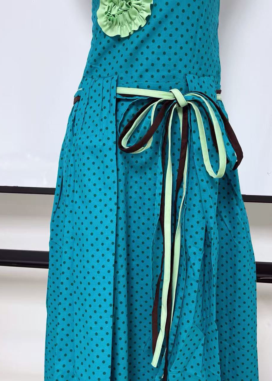 Blue Tie Waist Flower Decorated Cotton Dress Sleeveless