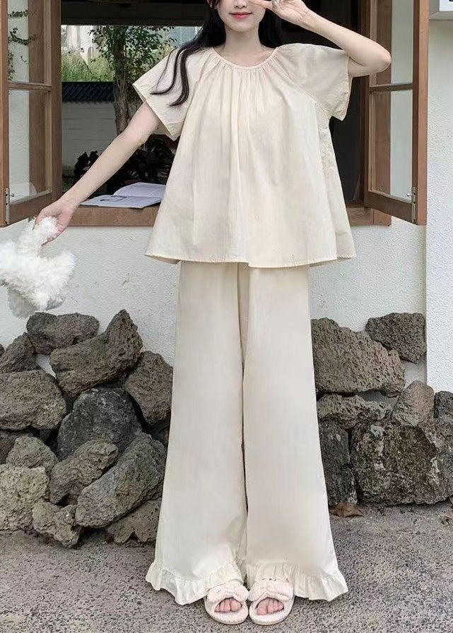 Apricot O Neck Cotton Two Pieces Set Pajamas Summer