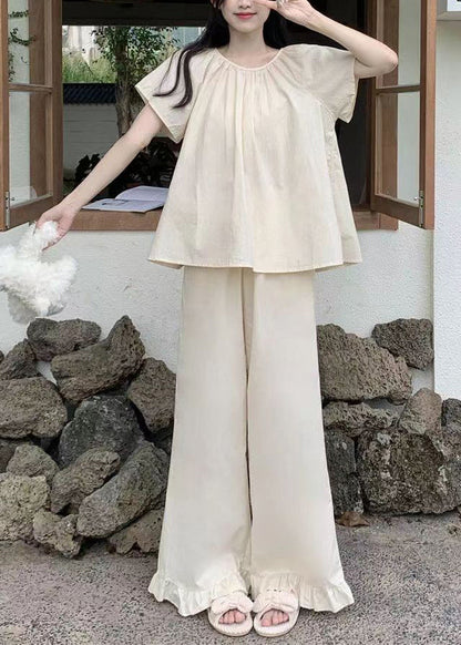 Apricot O Neck Cotton Two Pieces Set Pajamas Summer