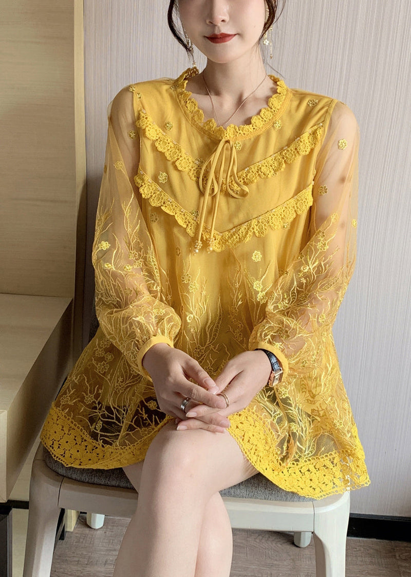 Loose Yellow Embroidered Lace Up Patchwork Lace Top Spring