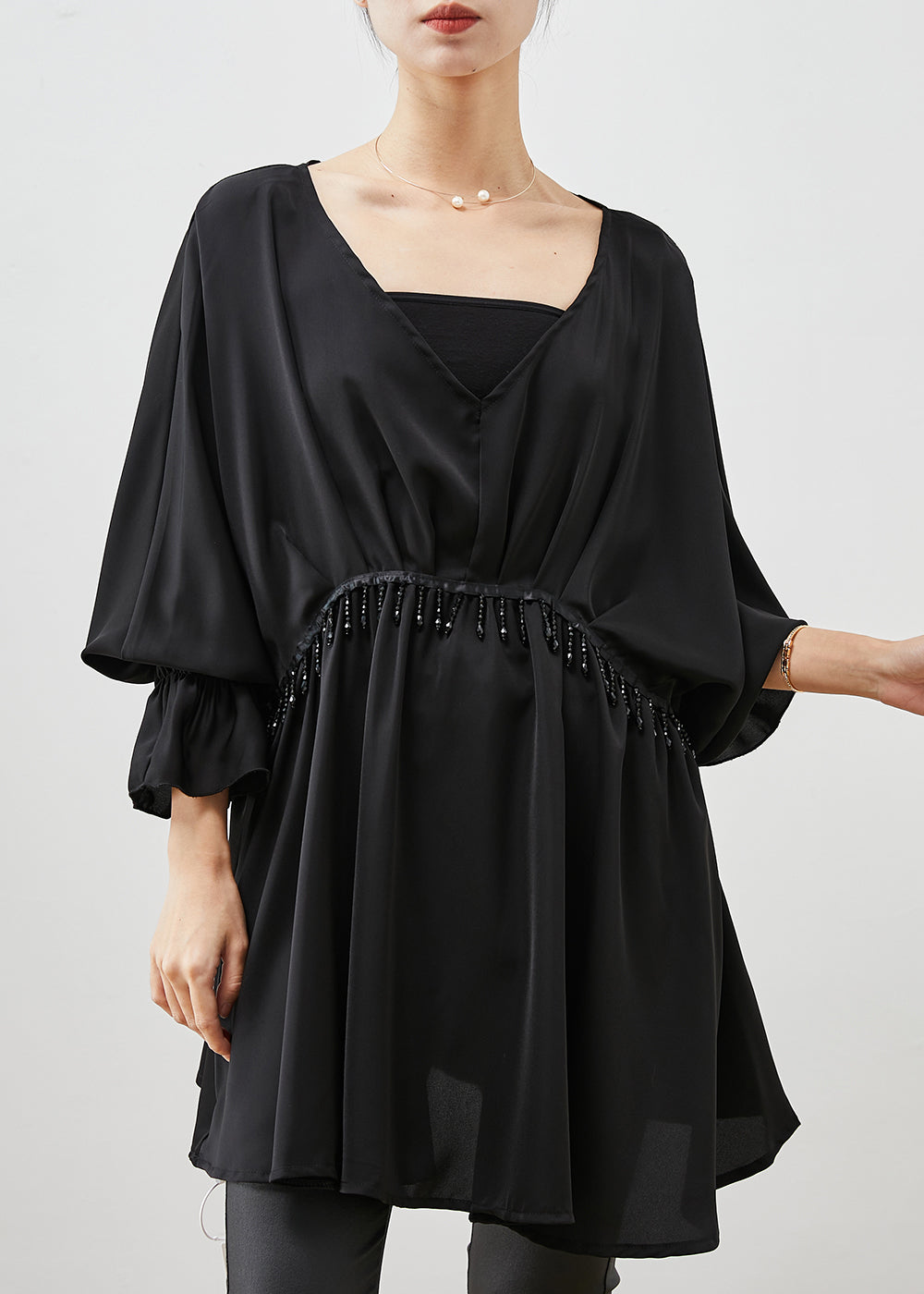Black Tasseled Exra Large Hem Chiffon Shirt Top Spring