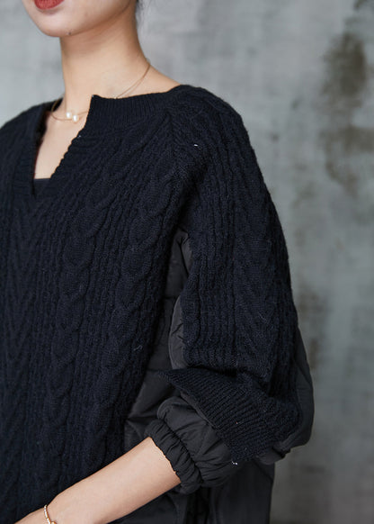 Black Cinched Patchwork Knit Sweatshirts Top Spring