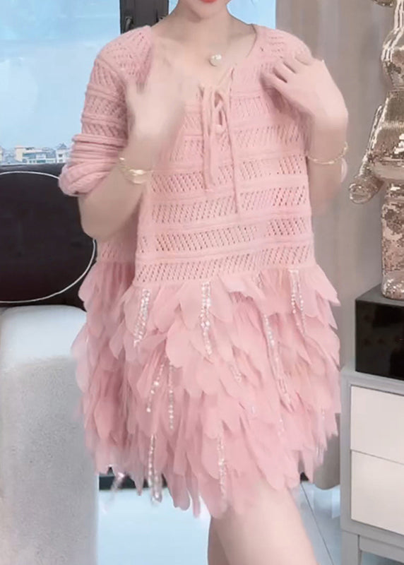 Pink Hollow Out Zircon Patchwork Knit Mid Dresses Fall
