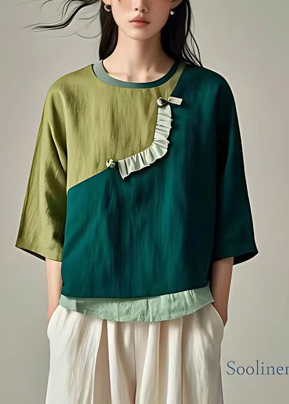 Green Ruffled Patchwork T Shirt Summer