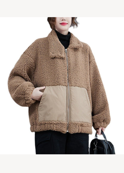 Coffee Zippered Pockets Patchwork Faux Fur Jacket Winter