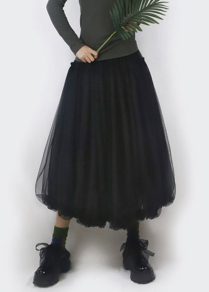 Black Elastic Waist Tulle Bud Skirt Ruffled