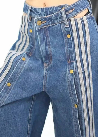 Stylish Blue Pockets Side Open Denim Wide Leg Pants Spring