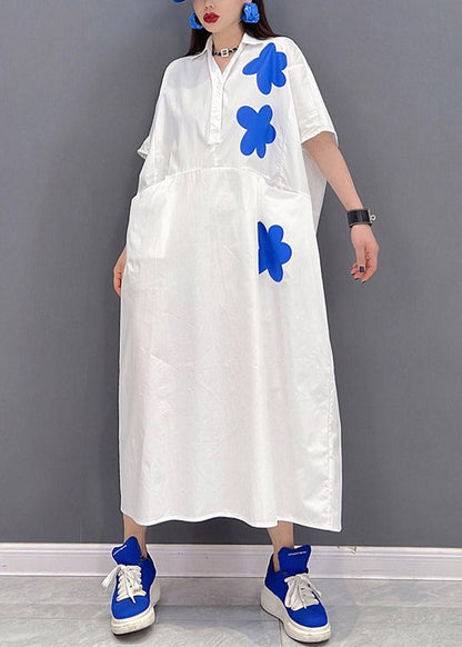 White Peter Pan Collar Print Long Dresses Short Sleeve