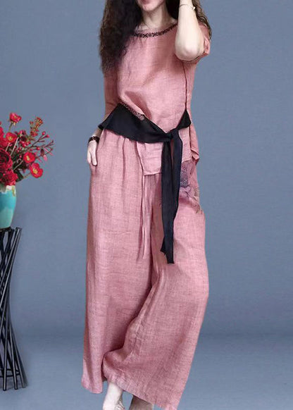 Original Printing Lace Up Top and Pants Two-piece Set for Summer