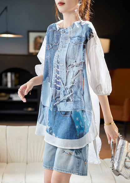 Blue O Neck Print Linen Blouses Half Sleeve