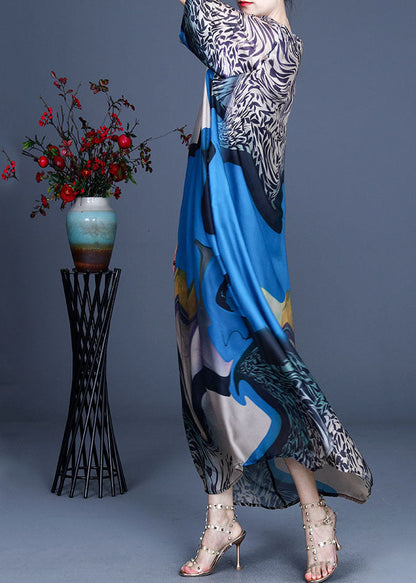Blue O-neck Print Silk Vacation Dresses Bracelet Sleeve