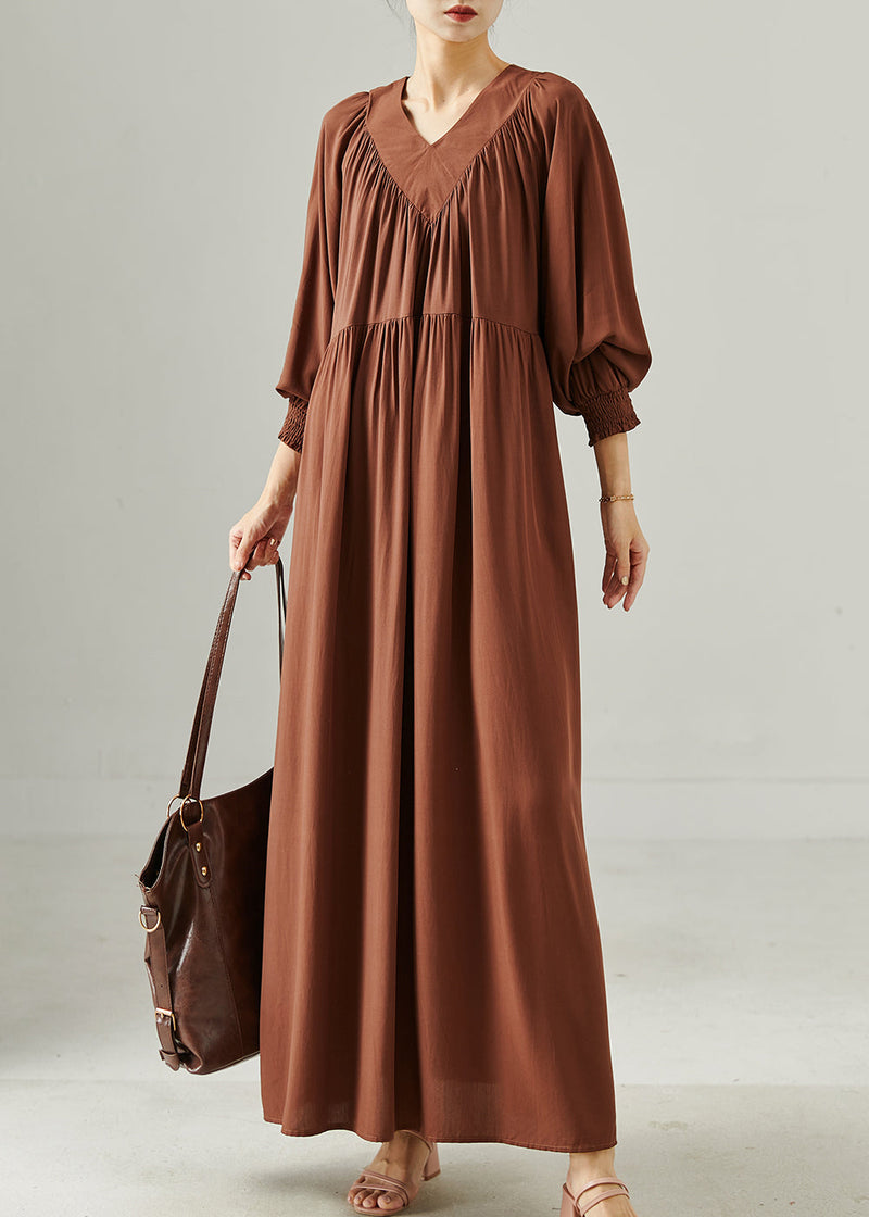 Chocolate V Neck Oversized Cotton Long Dress Spring