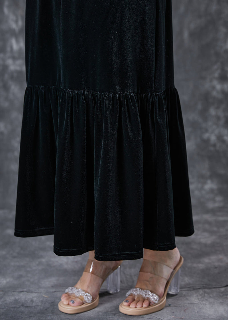 Modern Black Lace Up Silk Velour Maxi Dress Spring