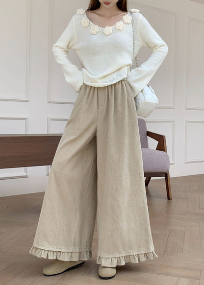 Apricot Ruffled Patchwork Elastic Waist Corduroy Pants Fall