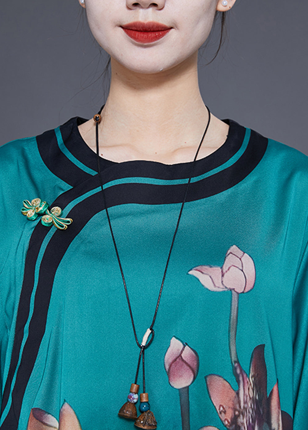 Peacock Blue Print Side Open Silk Holiday Dress Bracelet Sleeve