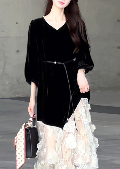 New Black O Neck Tulle Patchwork Velvet Long Dresses Fall