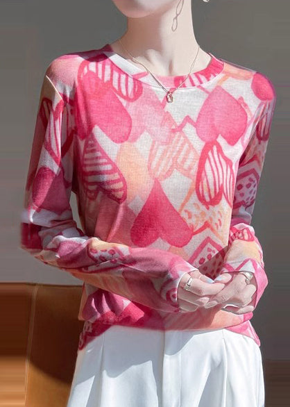 Pink O-neck Print Cotton Upf 50+ Shirt Top Fall