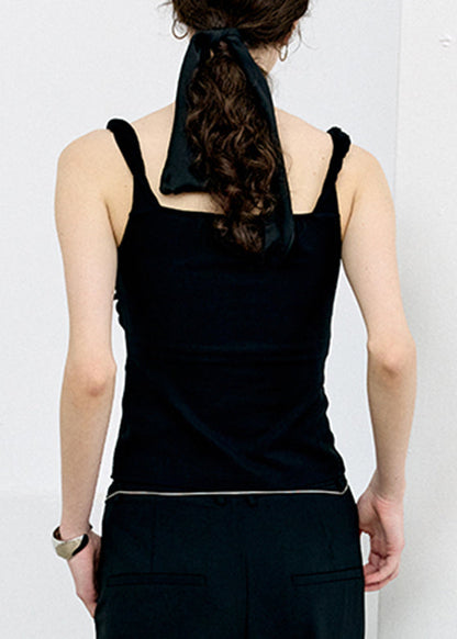 Fine Black V Neck Tassel Vest Sleeveless