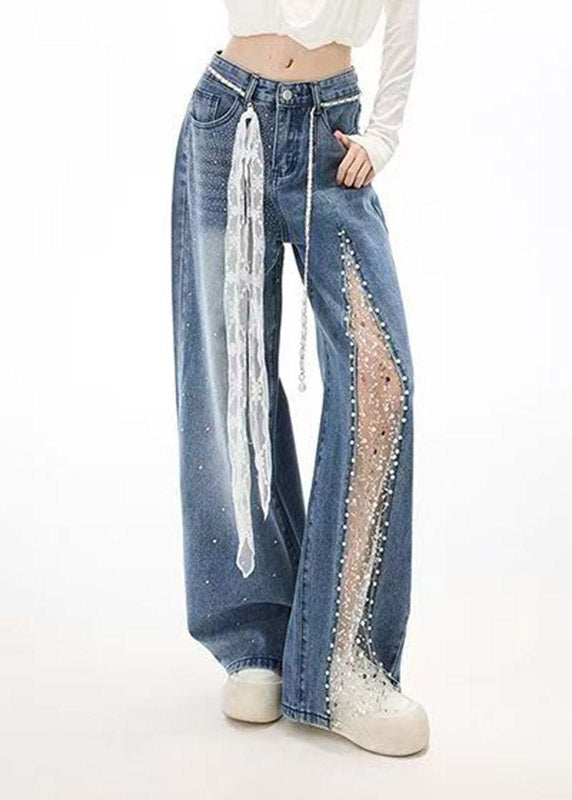 French Blue Pockets Lace Patchwork Zircon Jeans Spring