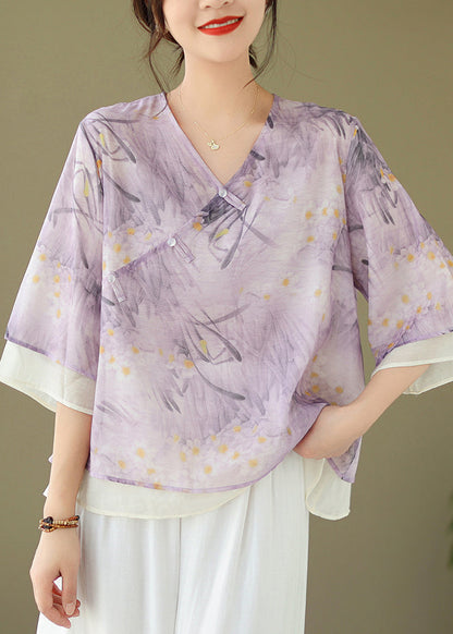 Purple V Neck Button Print Cotton Shirt Flare Sleeve