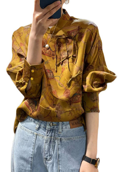 Yellow Stand Collar Patchwork Print Shirt Top Spring