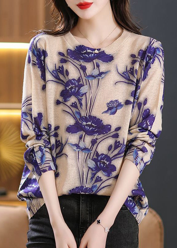 Purple O Neck Print Thin Knit Blouses Fall