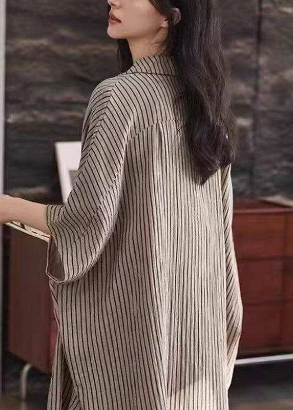 Khaki Peter Pan Collar Striped Shirt and Shorts Two Piece Set Summer