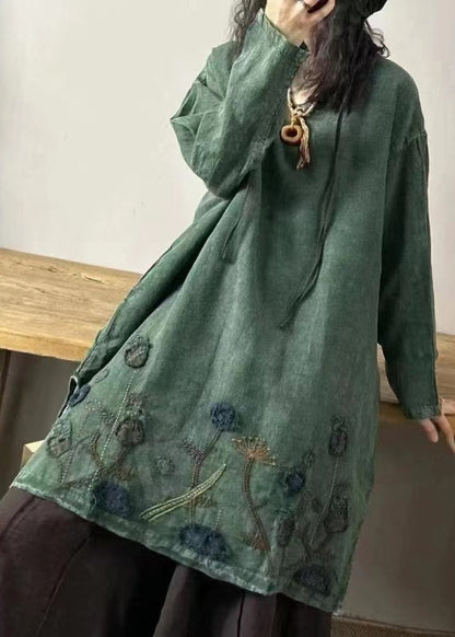 Black Text V Neck Embroidered Patchwork Linen Mid Dresses Fall