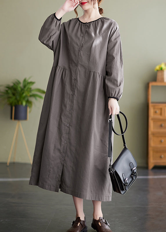 Italian Grey O-neck Button Cinched Long Dress Long Sleeve