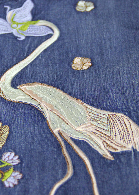 Denim Blue Peter Pan Collar Embroideried Ruffled Drawstring Cotton Oriental Dresses Long Sleeve