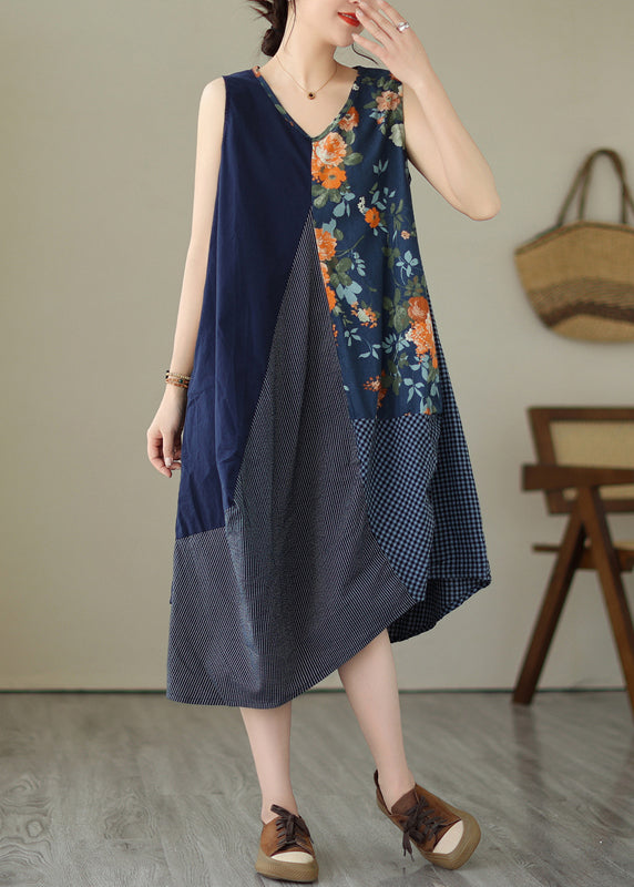 White Plaid Asymmetrical Print Cotton Dress Sleeveless
