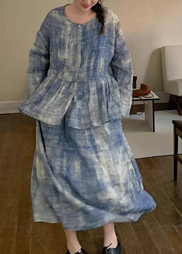 Blue O Neck Top and Spaghetti Strap Dress Cotton Two-piece Set Spring